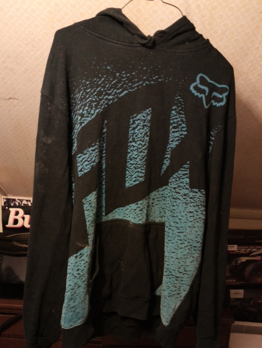 Fox Men's Black Hoodie with Teal Graphic Zip-Up Style